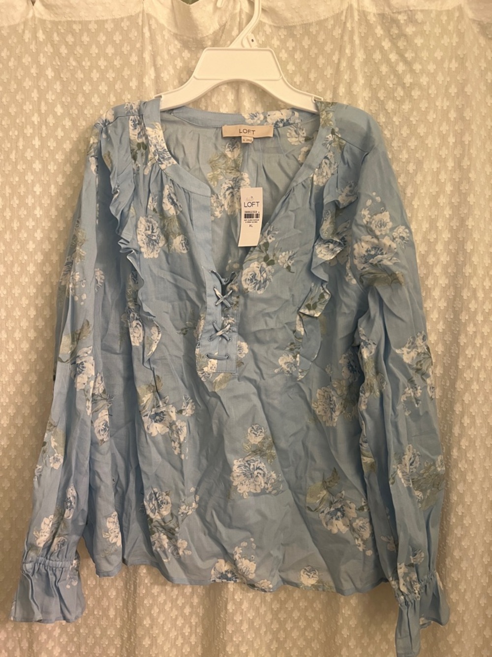 LOFT Blue Floral Ruffle Tie-Front Blouse